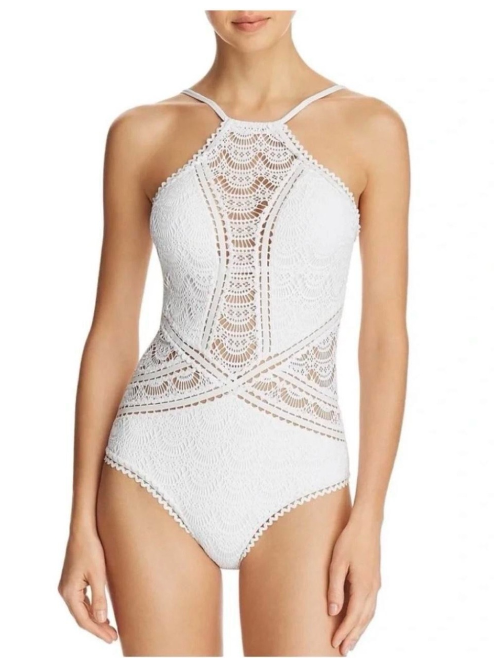 NWOT BECCA Prairie Rose White Crochet Boho Indie One Piece Swimsuit, Size S.